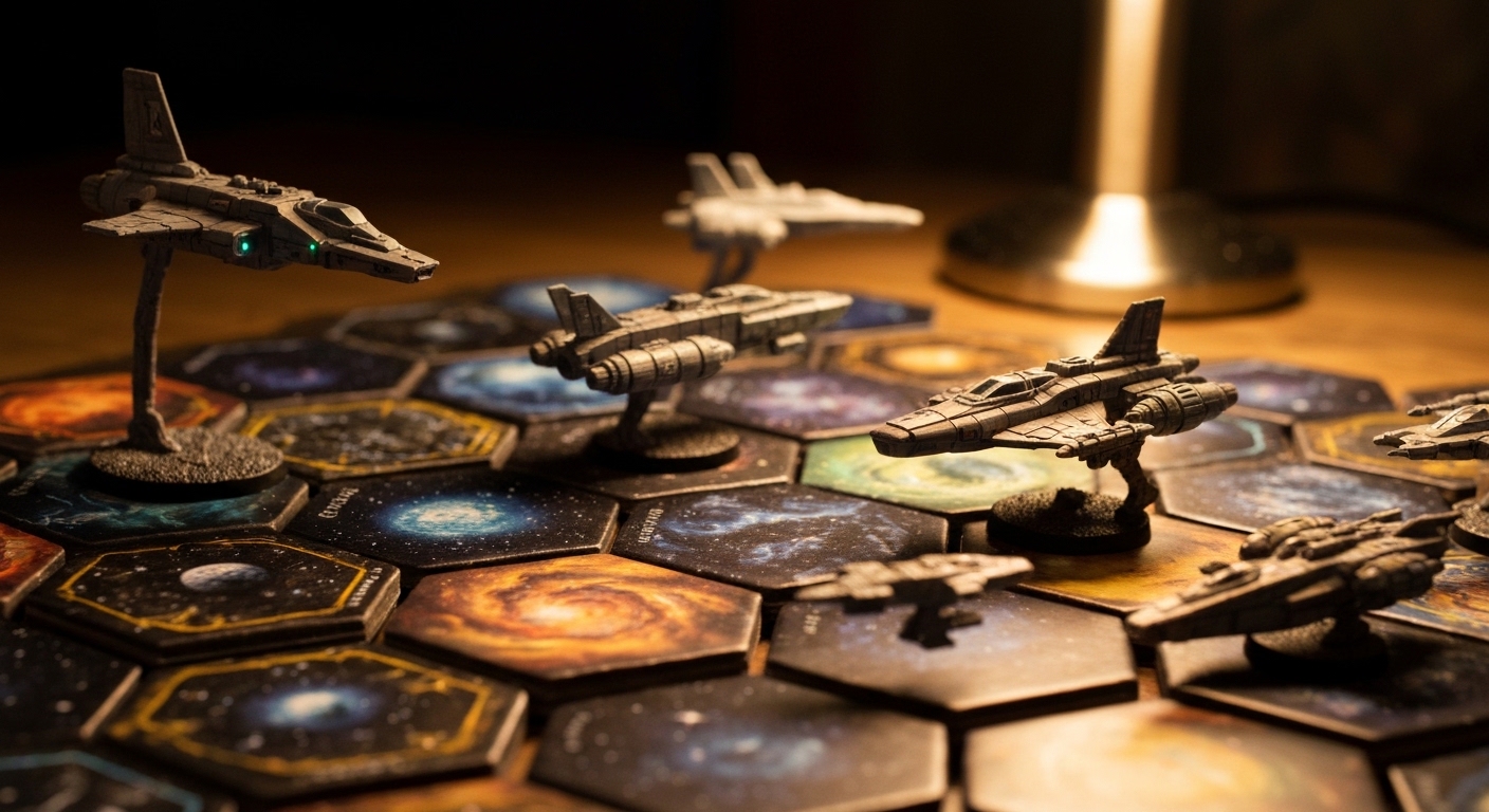 Detailed miniatures and star map from a tactical space board game