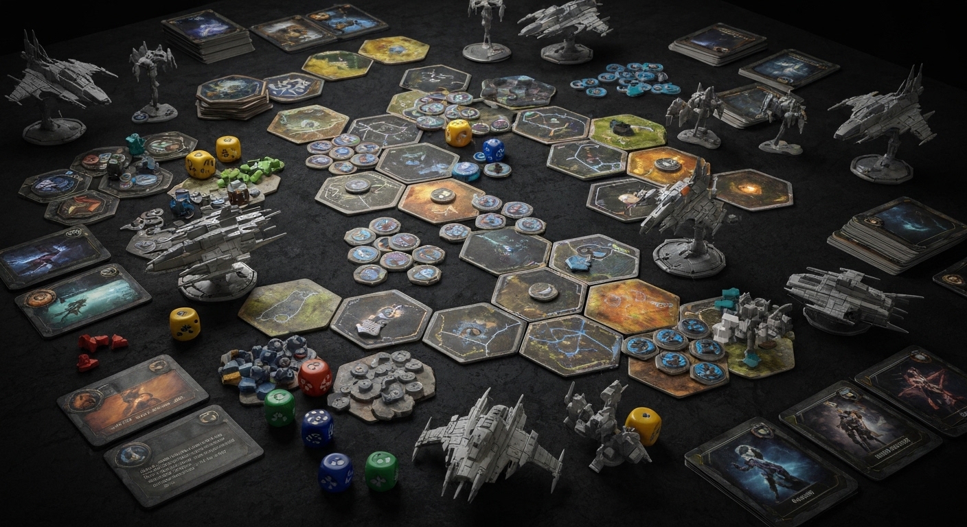 Science fiction board game components on a table